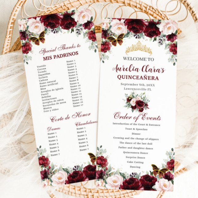 Burgundy Blush Floral QUINCEAÑERA Order of Events Program (blush-burgundy-floral-butterflies-tiara-gold-quinceanera-15th-birthday-order-of-events-program)