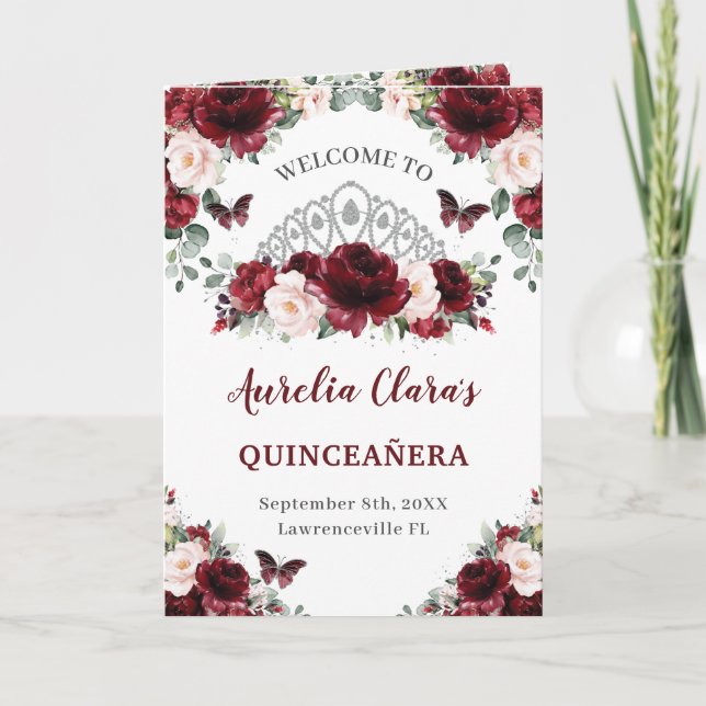 Burgundy Blush Floral Quinceañera Order of Events Program (Front)