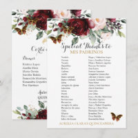 Burgundy Blush Floral QUINCEAÑERA Padrinos Card