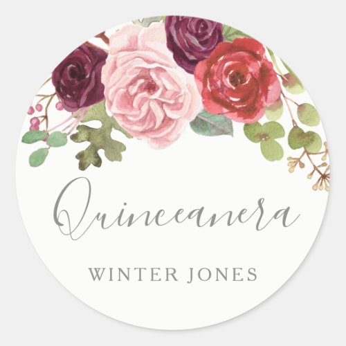 Burgundy Blush Floral Quinceanera Party Favor Seal