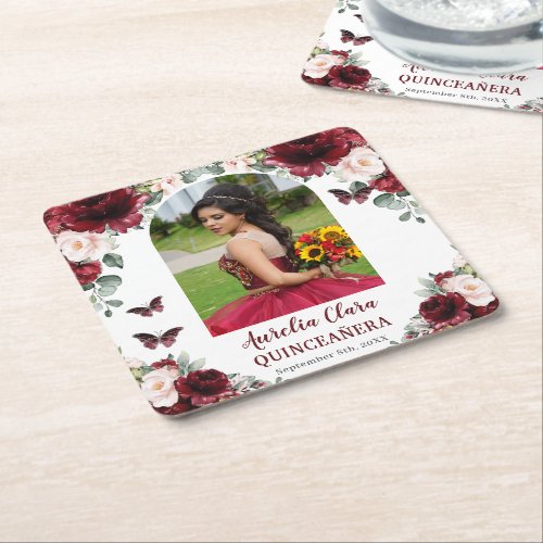 Burgundy Blush Floral Quinceaera Photo Keepsake Square Paper Coaster