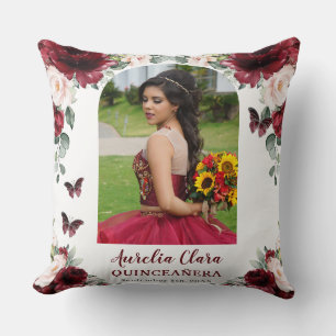 Burgundy Blush Floral Quinceañera Photo Keepsake Throw Pillow
