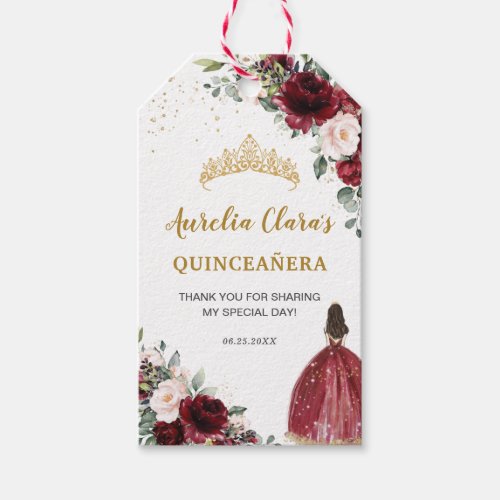 Burgundy Blush Floral Quinceaera Princess Favor Gift Tags
