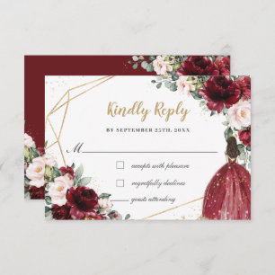 Burgundy Blush Floral Quinceañera Princess Reply RSVP Card