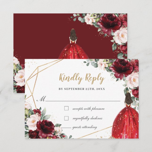Burgundy Blush Floral Quinceañera Princess Reply RSVP Card (Front/Back)
