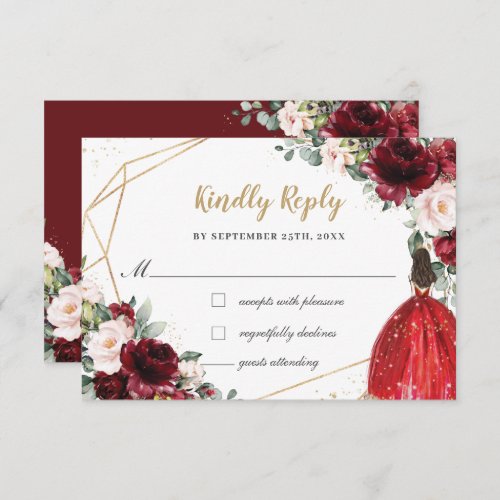 Burgundy Blush Floral Quinceaera Princess Reply RSVP Card