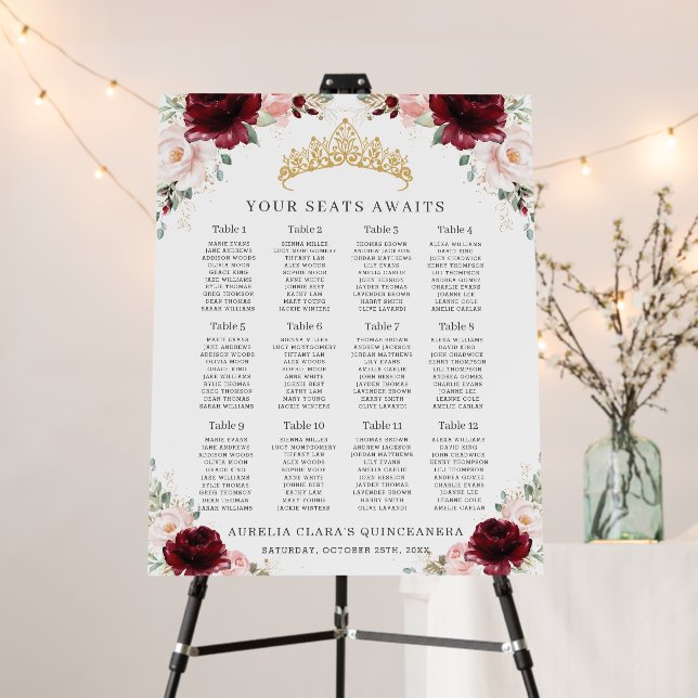 Burgundy Blush Floral Quinceañera Seating Chart  Foam Board (In Situ (Stand))