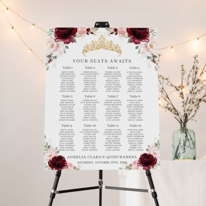 Burgundy Blush Floral Quinceañera Seating Chart Foam Board