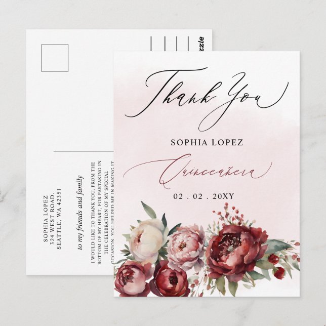  Burgundy Blush Floral Quinceañera Thank You Postcard (Front/Back)