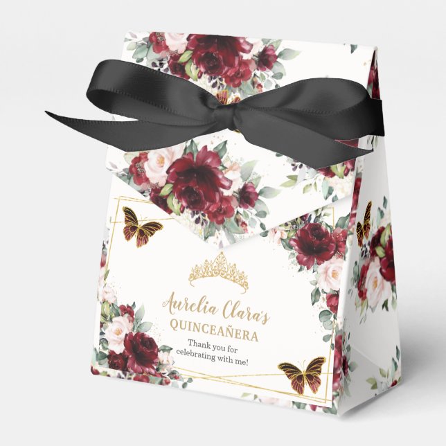 Burgundy Blush Floral Quinceañera Tiara Butterfly Favor Boxes (Front Side)