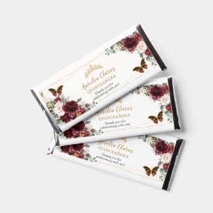 Burgundy Blush Floral Quinceañera Tiara Butterfly Hershey Bar Favors