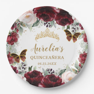 Burgundy Blush Floral Quinceañera Tiara Princess Paper Plates