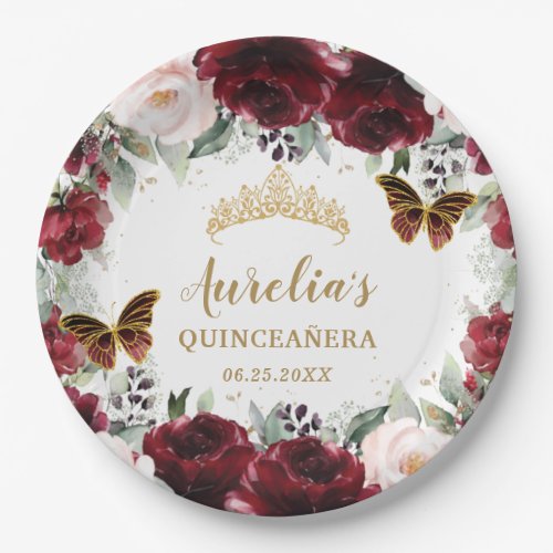 Burgundy Blush Floral Quinceaera Tiara Princess  Paper Plates