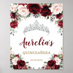 Burgundy Blush Floral Quinceañera Tiara Welcome Poster