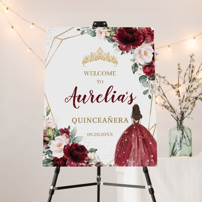 Burgundy Blush Floral Quinceañera Welcome   Foam Board (In Situ (Stand))