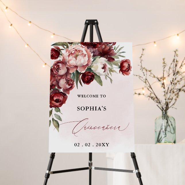 Burgundy Blush Floral Quinceañera Welcome Sign (In Situ (Stand))
