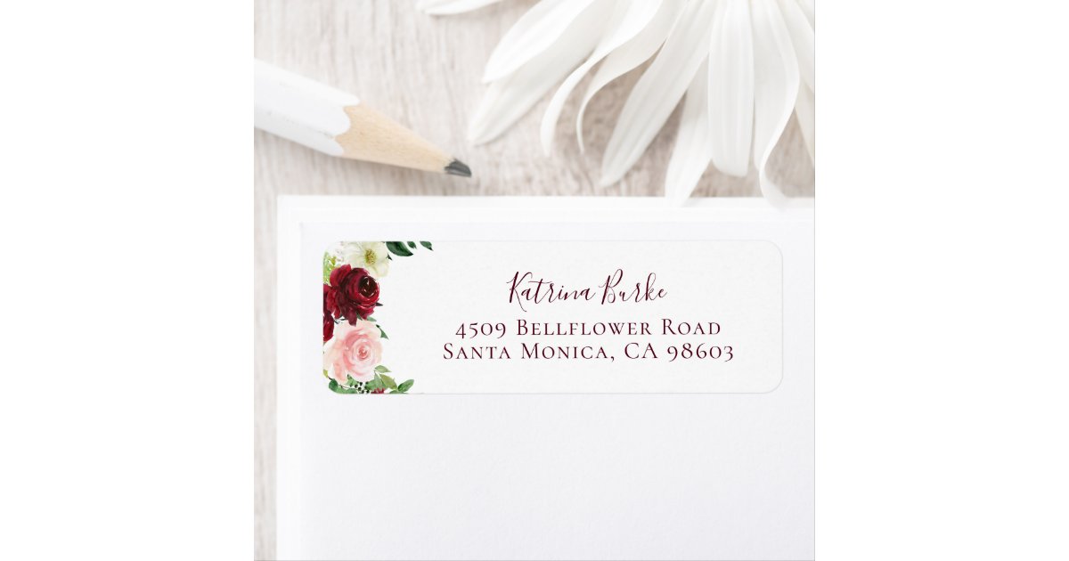Burgundy Blush Floral Return Address Label | Zazzle