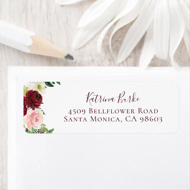 Burgundy Blush Floral Return Address Label | Zazzle