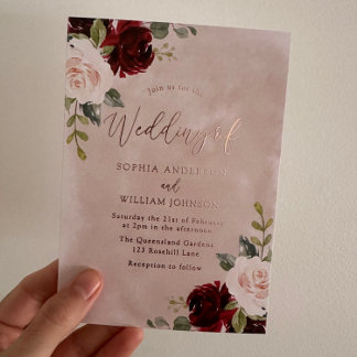 Burgundy & Blush Floral Rose Foil Wedding Foil Invitation
