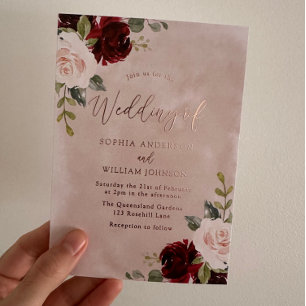 Burgundy & Blush Floral Rose Foil Wedding Invitation