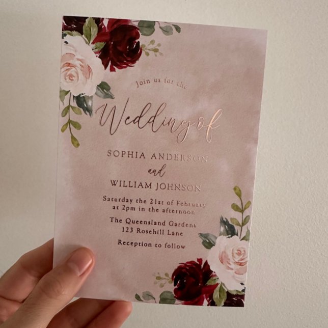 Burgundy & Blush Floral Rose Foil Wedding Invitation (Creator Uploaded)