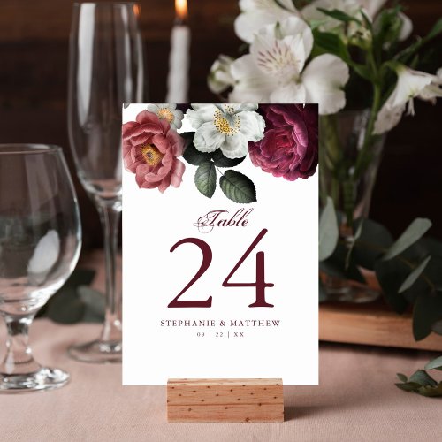 Burgundy Blush Floral Roses Botanical Wedding Table Number