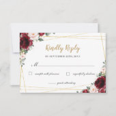 Burgundy Blush Floral Roses Gold Quinceañera Reply RSVP Card (Front)