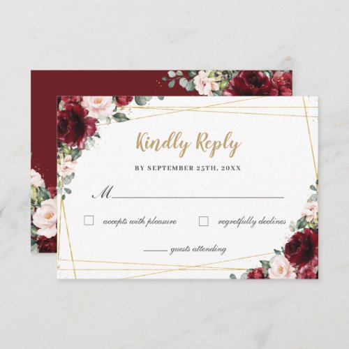 Burgundy Blush Floral Roses Gold Quinceaera Reply RSVP Card