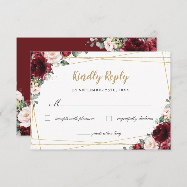 Burgundy Blush Floral Roses Gold Quinceañera Reply RSVP Card (Front/Back)