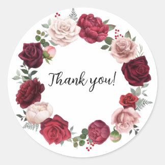 Burgundy Blush Floral Round Thank You Stickers 