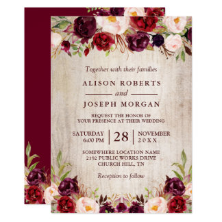 Burgundy Blush Floral Rustic Barn Wood Wedding Invitation