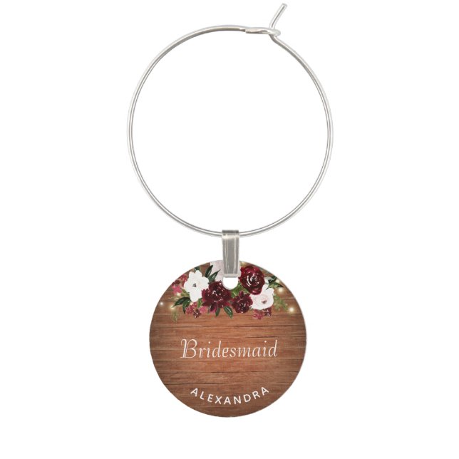 Burgundy Blush Floral Rustic Bridesmaid Wedding Wine Charm (Front)