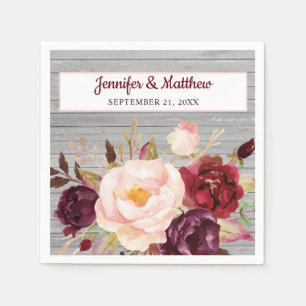 Burgundy Blush Floral Rustic Wedding Paper Napkins
