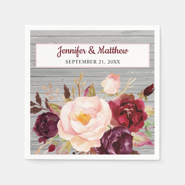 Burgundy Blush Floral Rustic Wedding Paper Napkins (Front)