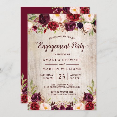 Burgundy Blush Floral Rustic Wood Engagement Party Invitation - Burgundy Blush Floral Rustic Wood Engagement Party Invitation. 
(1) For further customization, please click the "customize further" link and use our design tool to modify this template. 
(2) If you prefer Thicker papers / Matte Finish, you may consider to choose the Matte Paper Type. 
(3) If you need help or matching items, please contact me.
