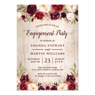 Burgundy Blush Floral Rustic Wood Engagement Party Invitation