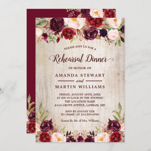 Burgundy Blush Floral Rustic Wood Rehearsal Dinner Invitation - Burgundy Blush Floral Rustic Wood Rehearsal Dinner Invitation. 
(1) For further customization, please click the "customize further" link and use our design tool to modify this template. 
(2) If you prefer Thicker papers / Matte Finish, you may consider to choose the Matte Paper Type. 
(3) If you need help or matching items, please contact me.