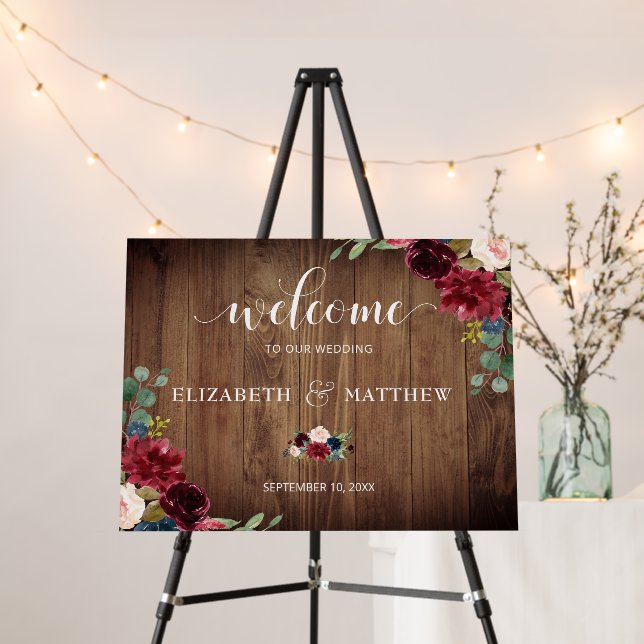 Burgundy Blush Floral Rustic Wood Wedding Welcome Foam Board (In Situ (Stand))
