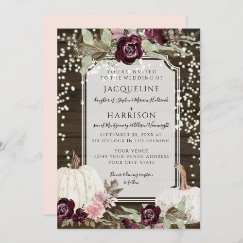 Burgundy Blush Floral RusticTwinkle Lights Wedding Invitation