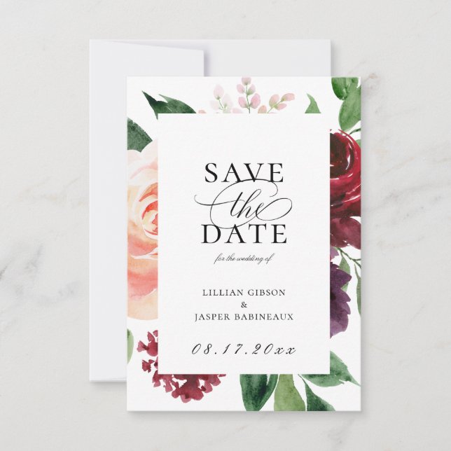 Burgundy Blush Floral Save the Date Announcement (Front)