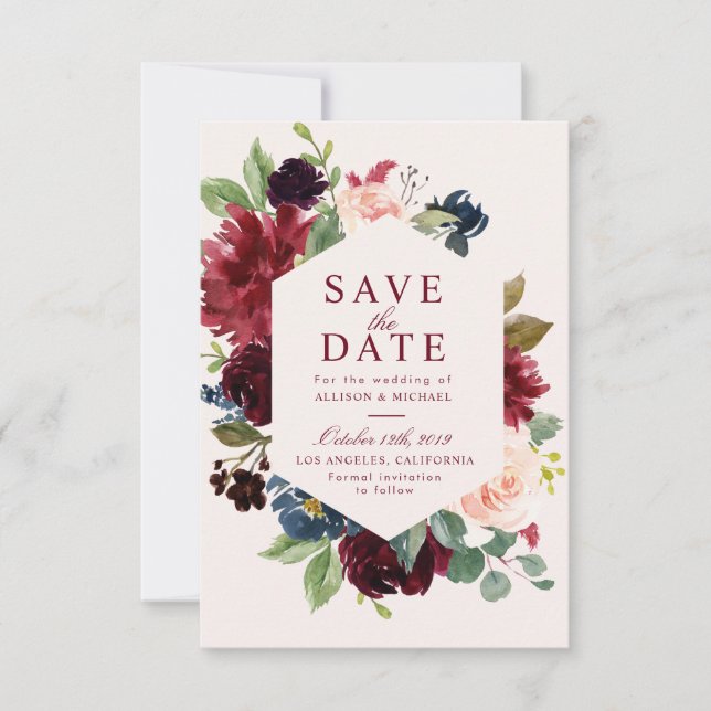 burgundy blush floral save the date card (Front)