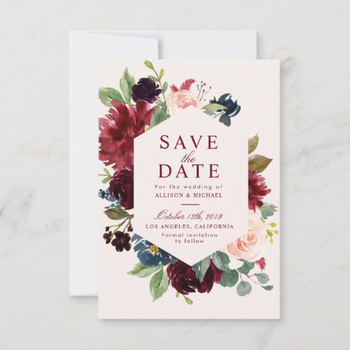 burgundy blush floral save the date card