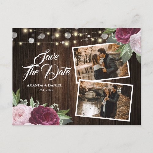 Burgundy Blush Floral Save The Date Photo Postcard