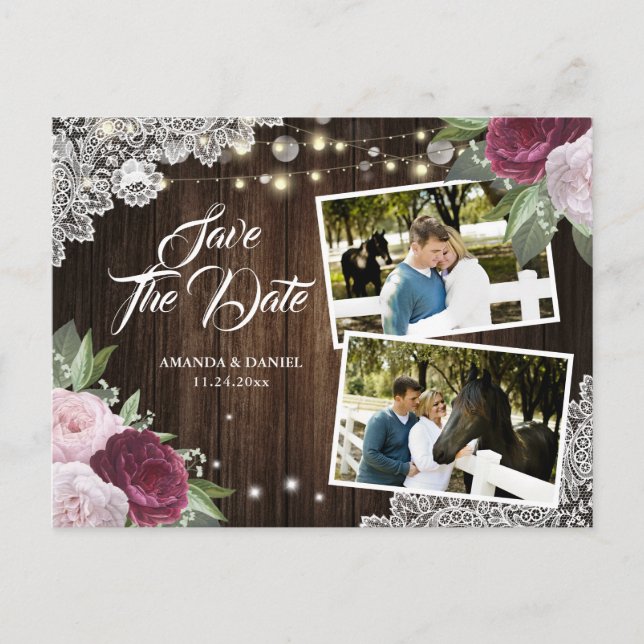 Burgundy Blush Floral Save The Date Photo Postcard (Front)