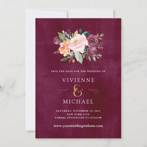 Burgundy Blush  Floral Save the Date with Photo