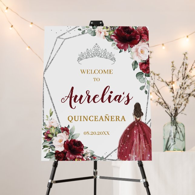 Burgundy Blush Floral Silver Quinceañera Welcome  Foam Board (In Situ (Stand))