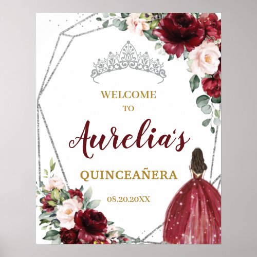 Burgundy Blush Floral Silver Quinceaera Welcome  Poster
