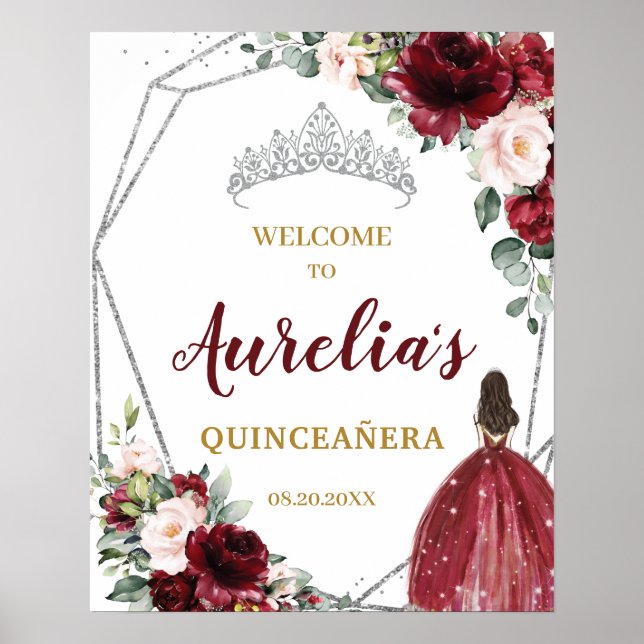 Burgundy Blush Floral Silver Quinceañera Welcome  Poster (Front)
