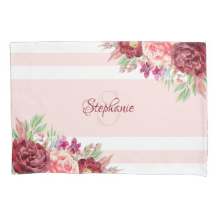 Burgundy Blush Floral Stripes Monogram Name Pillow Case