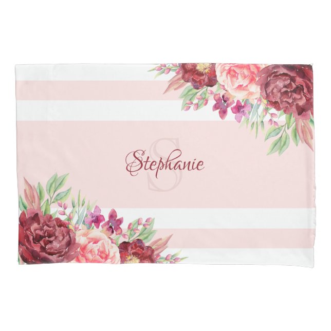 Burgundy Blush Floral Stripes Monogram Name Pillow Case (Front)